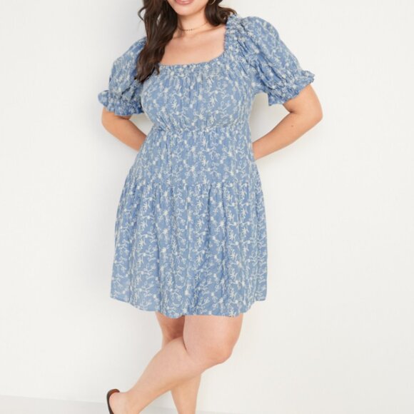 Old Navy Blue Ivory Floral Embroidered Puff-Sleeve Tiered Mini Swing Dress Mediu - Picture 7 of 8